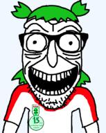4chan anime award clothes glasses green_hair hair open_mouth smile stubble teeth tshirt variant:rickjak yotsoyba // 829x1043 // 56.1KB
