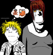 anime biting_lip breasts brown_skin chainsaw chainsaw_man closed_mouth clothes denji_(chainsaw_man) ear makima_(chainsaw_man) necktie orange_eyes orange_skin pochita_(chainsaw_man) red_hair soyjak stubble subvariant:hornyson subvariant:shoyta variant:chudjak variant:cobson variant:gapejak variant:impish_soyak_ears watermark yellow_hair // 1600x1650 // 486.9KB