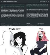 arab arm clothes cuck cuck_chair female glasses hadith hand islam keffiyeh leg muslims open_mouth sitting soyjak stubble sunnah text variant:soyak wife wojak // 651x720 // 298.1KB