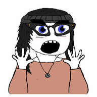 animated arm avengers beanie blue_eyes blush clothes excited female glasses hair hand hands_up hat merge necklace open_mouth redraw soy_parody soyjak variant:excited_soyjak variant:soytan // 424x411 // 129.2KB
