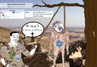 arabic arabic_text arm assyria assyrian battle bloodshot_eyes blue_eyes book_burning buff burning christian_cross christianity cloud cross crying desert flag:Assyria flag:isis foot full_body glasses hair hand hanging headband holding_object holding_rope irl_background islamic islamic_state leg lynching military_uniform open_mouth purple_hair quran rope smile soyjak star_and_crescent star_of_david stubble suicide sun tongue tree variant:bernd variant:chudjak wikipedia // 1044x723 // 1.2MB