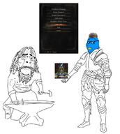 2soyjaks anvil armor beak beard blue_eyes bra checkmark clothes coal dark_souls female frog glasses hair hammer pepe stubble subvariant:chudette sword topless twitter variant:cobson variant:smugjak wrinkle zoomer_hair // 1000x1114 // 295.3KB