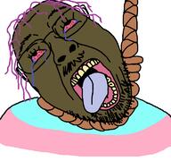 ack blackface brown_skin brown_troonjak distorted flag flag:transgender_pride_flag glasses open_mouth purple_hair rope soyjak stubble template tranny variant:bernd // 768x719 // 31.8KB