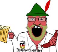 angry arm beard beer blue_eyes clothes food germany glasses hand hat holding_object i_love open_mouth pretzel red_skin sausage soyjak subvariant:science_lover text variant:markiplier_soyjak // 1041x935 // 116.0KB