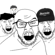 4soyjaks angry bernie_sanders cap clothes glasses hair hat mustache nose_piercing open_mouth soyjak stubble text variant:feraljak // 1500x1500 // 648.5KB