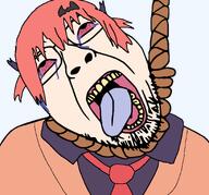 anime anime_female bloodshot_eyes clothes crying dead female glasses hair hanging open_mouth red_hair rope satania soyjak stubble suicide template tongue variant:bernd yellow_teeth // 1677x1566 // 340.5KB