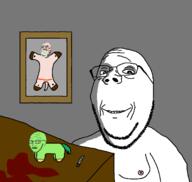 3soyjaks animal_abuse baby beard black_eye blood blood_on_face broken_glasses bruise closed_mouth crucifixion dark desk drawn_background fat fluffy_pony frame full_body glasses green_skin gynaecomastia imminent_death injury knife looking_at_you my_little_pony nipple ominous open_mouth pacifier scared shadow smile soyjak stubble subvariant:soyak_(concerned) subvariant:wholesome_soyjak teeth torture variant:gapejak variant:soyak white_skin // 1375x1300 // 121.1KB