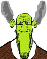 angry bald bloodshot_eyes calm closed_mouth ear fume glasses green green_skin leather ogre ogre_ears seethe shrek smoke soyjak stretched_chin stubble variant:markiplier_soyjak white_shirt // 823x1030 // 173.7KB