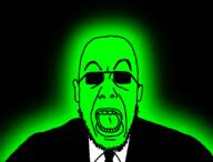 black_background clothes ear glasses glowing glownigger green_skin necktie open_mouth soyjak stubble suit sunglasses trend:glowie variant:drossjak // 1080x819 // 137.2KB