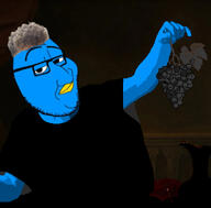 beak black_shirt blue_skin closed_mouth clothes coal eyebrows forehead_lines glasses grape greek_mythology hair hand king_midas mythology nose smug stubble twitter twitter_immigrant variant:smugjak x xitter // 768x754 // 267.6KB