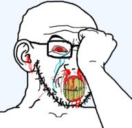 angry arm blood bloodshot_eyes clenched_teeth cracked_teeth crying ear glasses hand merge nosebleed red_eyes soyjak stubble subvariant:feralrage variant:feraljak variant:soyak yellow_teeth // 782x758 // 191.2KB