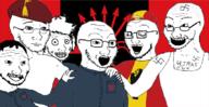 arrow beret clothes crazed falangism flag glasses hat multiple_soyjaks nazism open_mouth soyjak spain stubble subvariant:soyak_(crazed) swastika variant:soyak variant:unknown variant:wojak // 1200x616 // 262.9KB
