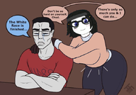 1488 black_hair blue_eyes breasts brown_eyes closed_mouth clothes crying dark_hair ear eyebrows frown glasses large_breasts lips long_hair orange_shirt red_shirt smile soy soylent soylent_(cacao) speech_bubble text thick_thighs variant:chudjak variant:soytan // 680x476 // 271.9KB