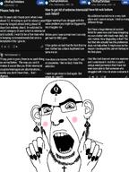 bbc blush christianity cross ear facial_mark forehead_mark glasses hand nose_piercing nose_ring open_mouth painted_nails queen_of_spades soyjak stubble subvariant:slutson subvariant:spadeson tattoo variant:cobson // 1203x1604 // 848.8KB