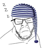 closed_eyes closed_mouth clothes glasses hat nightcap sleeping soyjak stubble text variant:feraljak // 1500x1500 // 473.8KB