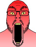 angry bloodshot_eyes glasses mustache open_mouth red_skin soyjak stretched_mouth stubble subvariant:flartrage thick_eyebrows variant:flartson yellow_sclera yellow_teeth // 410x529 // 81.7KB