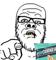 chips food glasses hand mustache open_mouth pointing pointing_at_viewer popcorners soyjak stubble variant:a24_slowburn_soyjak // 463x489 // 49.5KB