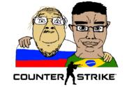 2soyjaks black_eye brazil brown_skin chud_troon_alliance closed_mouth clothes counter_strike ear flag flag:brazil flag:russia friendship glasses hair hand mustache russia smile soyjak stubble subvariant:chudjak_front variant:bernd variant:chudjak yellow_skin // 1102x720 // 30.0KB