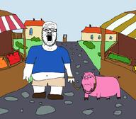 2soyjaks angry animal arm clothes drawn_background fat frown full_body glasses hand leash leg mustache open_mouth pig pink_skin soyjak stubble tail town tshirt variant:a24_slowburn_soyjak variant:gapejak // 2236x1960 // 189.7KB