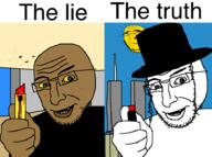 3soyjaks 9_11 arm blood box_cutter brown_skin button closed_mouth clothes falseflag frown hand hat holding_object judaism open_mouth soyjak sun variant:cobson variant:thumbjak world_trade_center yellow_sclera // 921x688 // 59.4KB