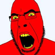 angry demon glasses open_mouth red_skin soyjak stubble variant:cobson yellow_eyes yellow_sclera yellow_teeth // 721x720 // 11.1KB