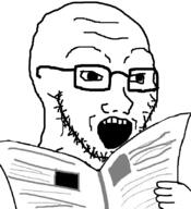 excited glasses hand holding_object news newspaper open_mouth soyjak stubble variant:soyak // 775x849 // 130.2KB