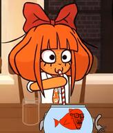 animal_abuse bow bowtie collared_shirt concerned cup fish fork glass knife mymy_(ongezellig) ongezellig orange_hair orange_skin smile straw subvariant:soyak_(concerned) variant:soyak // 309x361 // 123.0KB