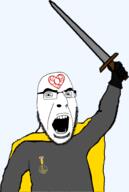arm badge bwc cape clothes glasses hand holding_object holding_sword knight open_mouth queen_of_hearts soot soot_colors soyjak soyjak_party stubble sword tattoo variant:cobson weapon // 1200x1787 // 372.8KB