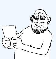 fat glasses holding_object holding_phone man_tits nuvariant skin smile soyjak stubble variant:firstjak white // 427x449 // 5.4KB