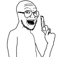 arm firearm glasses gun hand holding_gun holding_object holding_pistol open_mouth redraw revolver smile soyjak stubble threatening variant:gunjak weapon // 798x764 // 14.7KB