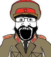 beard clothes collar_tabs communism epaulettes glasses hammer_and_sickle hat kgb kuz military military_cap military_uniform necktie open_mouth soviet_army_uniform soviet_union soyjak subvariant:science_lover variant:markiplier_soyjak // 800x902 // 196.7KB