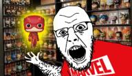 animated arm finger floating funko_pop glasses glowing hairy hand irl_background marvel no_eyebrows open_mouth shelf shoulder soyjak stubble superhero the_flash variant:yurjak wrinkles // 768x442 // 579.6KB