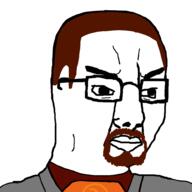 brown_hair chud closed_mouth glasses goatee gordon_freeman hair half-life hev_suit soyjak valve variant:chudjak video_game // 1000x1000 // 129.3KB