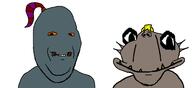 2soyjaks abe_(oddworld) blue_skin closed_mouth grey_skin oddworld orange_sclera smile soyjak stubble subvariant:munch subvariant:wholesome_soyjak variant:gapejak variant:impish_soyak_ears video_game // 1800x823 // 70.5KB
