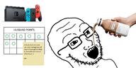 arm bottle cuck drinking drinking_soylent glasses hand holding_bottle holding_object holding_soylent nintendo nintendo_switch open_mouth plastic_bottle soy soyjak soylent soylent_(cacao) soylent_bottle stubble text tyrone variant:soyak video_game // 1400x700 // 405.1KB