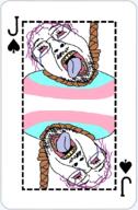 2soyjaks bloodshot_eyes crying flag:transgender_pride_flag glasses hair hanging open_mouth playing_card rope spade stubble tongue tongue_out tranny variant:bernd // 691x1056 // 246.3KB