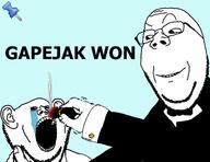 abuse blue_background burn cigar crying eyebrows glasses open_mouth raised_eyebrow red_eyes series:imp_&_gape smile smug sticky stubble subvariant:wholesome_soyjak text tuxedo variant:gapejak variant:impish_soyak_ears // 1920x1483 // 91.1KB