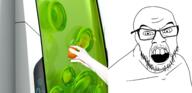 angry animal arm fish freezer glasses goop hand holding_object irl_background mustache open_mouth orange soyjak stubble variant:feraljak // 2484x1209 // 1.6MB