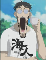 azumanga_daioh glasses holding_object kimura open_mouth soy soyjak stubble variant:markiplier_soyjak // 640x831 // 60.9KB
