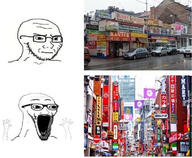 2soyjaks advertisement arm city concerned frown glasses hand hands_up japan neon open_mouth place_japan poland soyjak stubble subvariant:soyak_(irritated) subvariant:wewjak teeth text thing_japanese variant:soyak // 707x582 // 137.2KB
