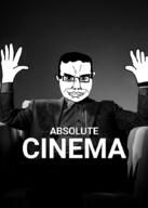 absolute_cinema black_and_white closed_mouth clothes ear glasses hand hands_up irl_background looking_at_viewer looking_at_you movie smile smirk smug soyjak subvariant:chudjak_front suit text variant:chudjak // 637x893 // 300.4KB