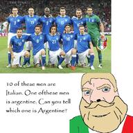 argentina beard black_skin blue_eyes clothes crowd flag flag:italy full_body grass hair irl italy jersey shoe shorts smile soccer stadium variant:cobson yellow_hair // 784x785 // 215.8KB