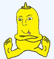 admin arms_crossed condiment feet_showing food mustard mustard_(user) no_glasses no_stubble sitting subvariant:flubbert tongue_out transparent_background variant:norwegian yellow_skin // 600x658 // 11.1KB