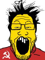 antenna asian clothes communism glasses hair hammer_and_sickle open_mouth r_fragilecommunism reddit redditard small_eyes soyjak stubble variant:markiplier_soyjak yellow_skin // 600x800 // 51.8KB