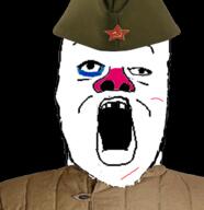 blood clothes communism hammer_and_sickle hat hat_ornament helmet hurt military open_mouth soyjak star_(symbol) star_hat_ornament variant:a24_slowburn_soyjak // 634x654 // 239.0KB