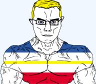 Mecklenburg-Vorpommern arm blue_eyes buff closed_mouth clothes flag flag:mecklenburg-vorpommern germany glasses hair soyjak subvariant:chudjak_front subvariant:muscular_chud transparent transparent_background tshirt variant:chudjak vein yellow_hair // 1059x929 // 36.2KB