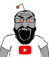 antenna balding beard glasses grey_skin hair logo npc open_mouth orange_eyes reddit subvariant:science_lover thick_eyebrows variant:markiplier_soyjak white_background white_shirt wrinkles youtube // 800x925 // 21.6KB