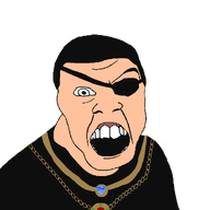 aliased beauregard_(user) black_hair black_shirt emerald eyepatch gem gold_chain hair jewelry open_mouth ruby snake stronghold stronghold_crusader variant:feraljak variant:gapejak white_teeth // 1000x1000 // 84.3KB