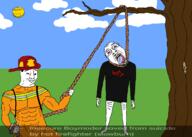 bloodshot_eyes boy boymoder firefighter full_body hanging holding_object holding_rope lynching meta:tagme multiple_soyjaks open_mouth rope sky smile subvariant:muscular_chud subvariant:wholesome_soyjak sun tongue tranny tree variant:bernd variant:chudjak variant:gapejak // 2100x1500 // 233.9KB