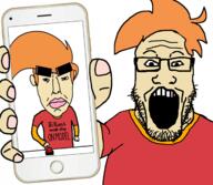 arm big_eyebrows big_lips billions_must button closed_mouth clothes ear faggot ginger_hair glasses hair hand holding_object holding_phone ls_mark nigger open_mouth orange_hair phone red_shirt soyjak stubble subvariant:pol_face tranny tshirt variant:chudjak variant:markiplier_soyjak white_skin youtube youtuber // 2160x1884 // 1.2MB